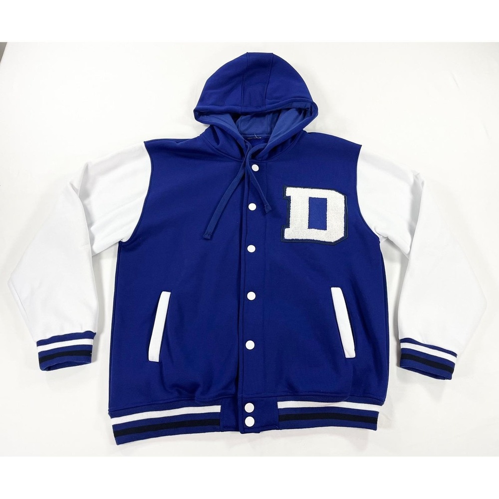 Dallas Letterman Varsity Jacket Men's Large Blue White Fleece Hooded Snap